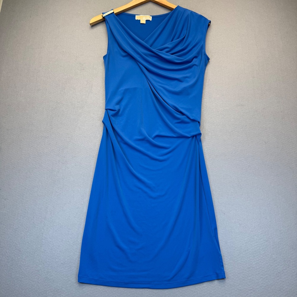 Michael Kors XS Royal Blue Draped Cowl Neck Sleeveless Sheath Dress Logo READ